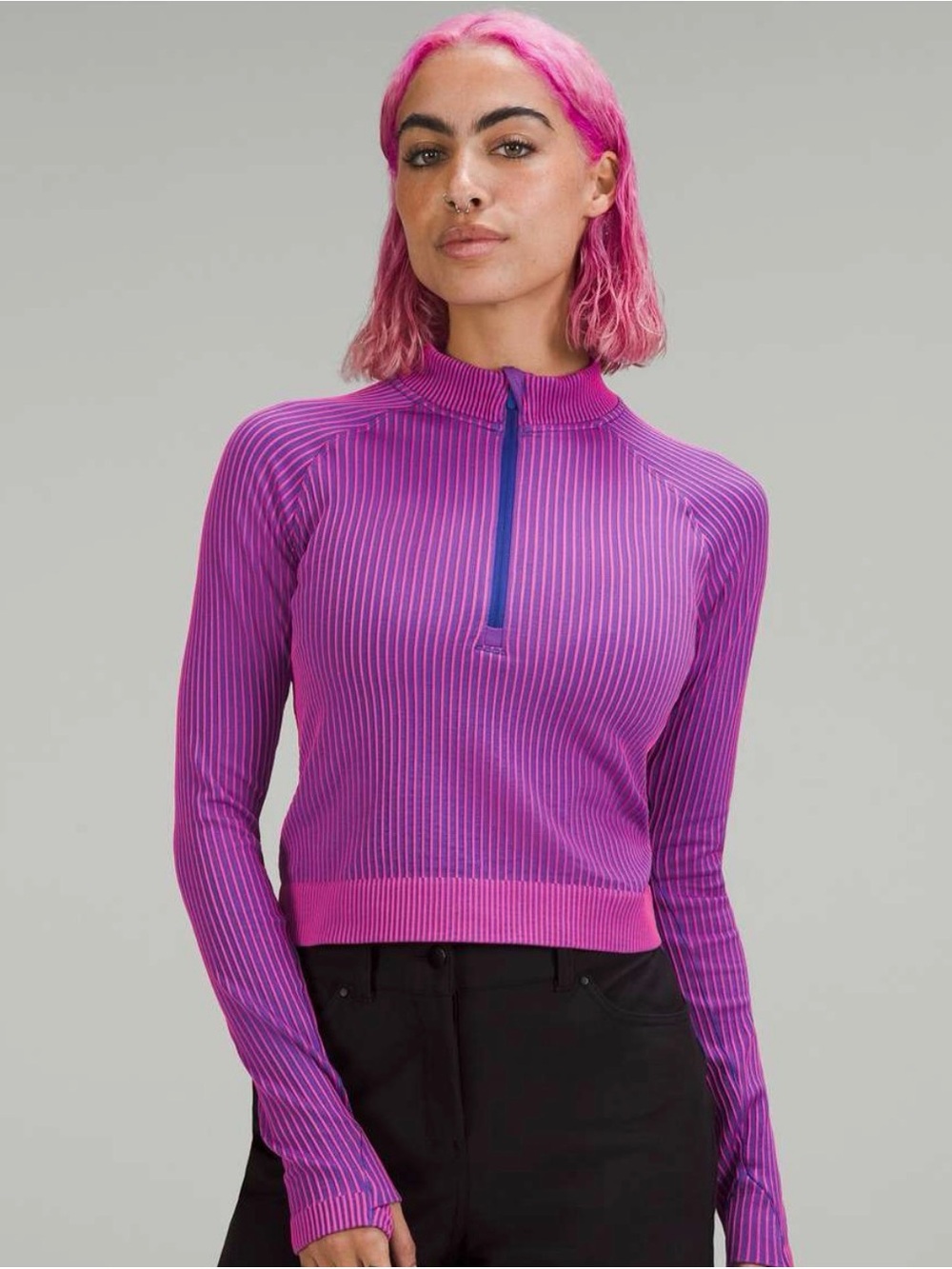 lululemon Rest Less Cropped Half-Zip in a ribbed Psychic/Sonic Pink Colorway 4/6